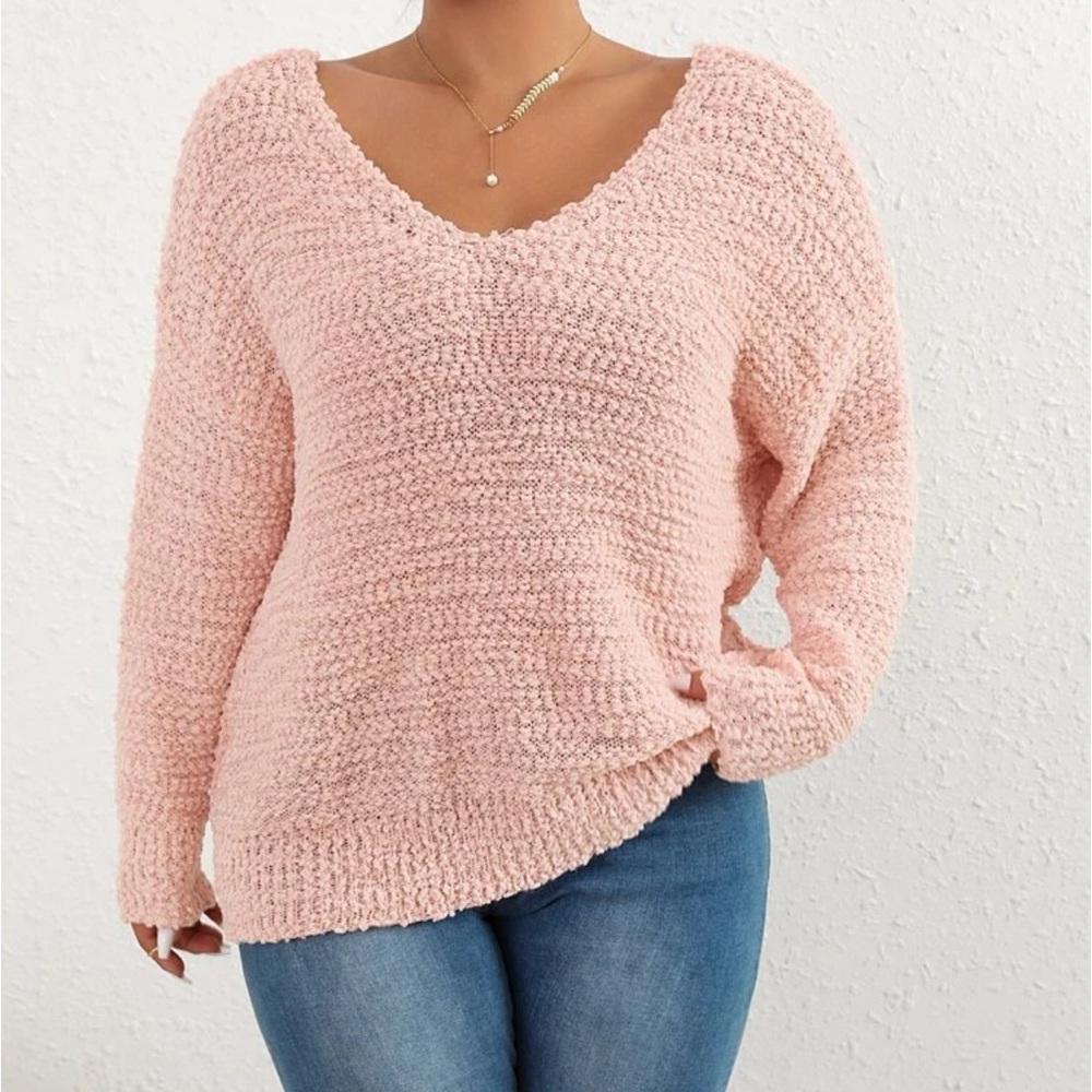Cozy Plus Size Pearl Chain Detail Twist Back Drop Shoulder Sweater Top - Picture 4 of 6